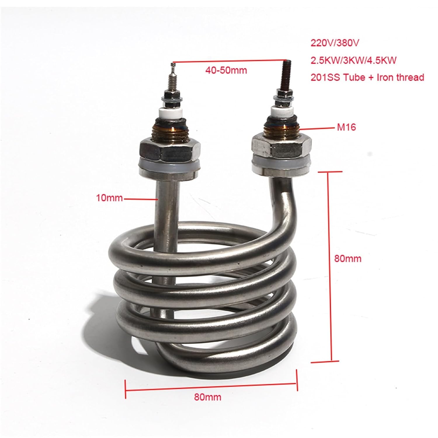 220V/380V Heating Heater Element 2.5KW/3KW/4.5KW Spiral Stainless Steel Immersion Pipe 1Pcs