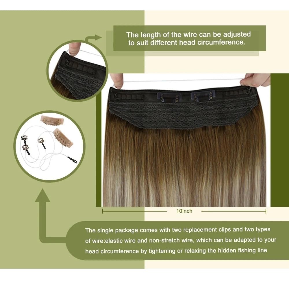 Haarverlängerung Fish Line Echthaar-Verlängerungsdraht, Naturhaar, einteilig, unsichtbarer Draht, Haartresse mit 2 Clips Clip in Haarextension(Platinum Blonde,12 inch)