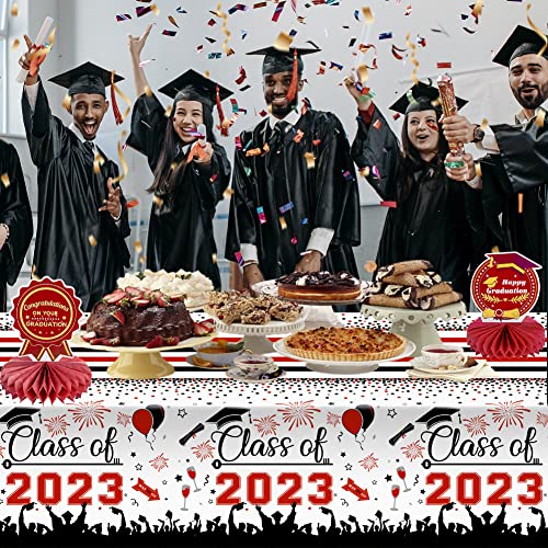 Labeol Graduation Tablecloth, 3 Pcs Class Of 2023" Graduation Tablecloth, 54"X108" Disposable Plastic Rectangular Tablecloth, Graduation Party Decorations Supplies 2023 For College (Black And Red) #TOP5