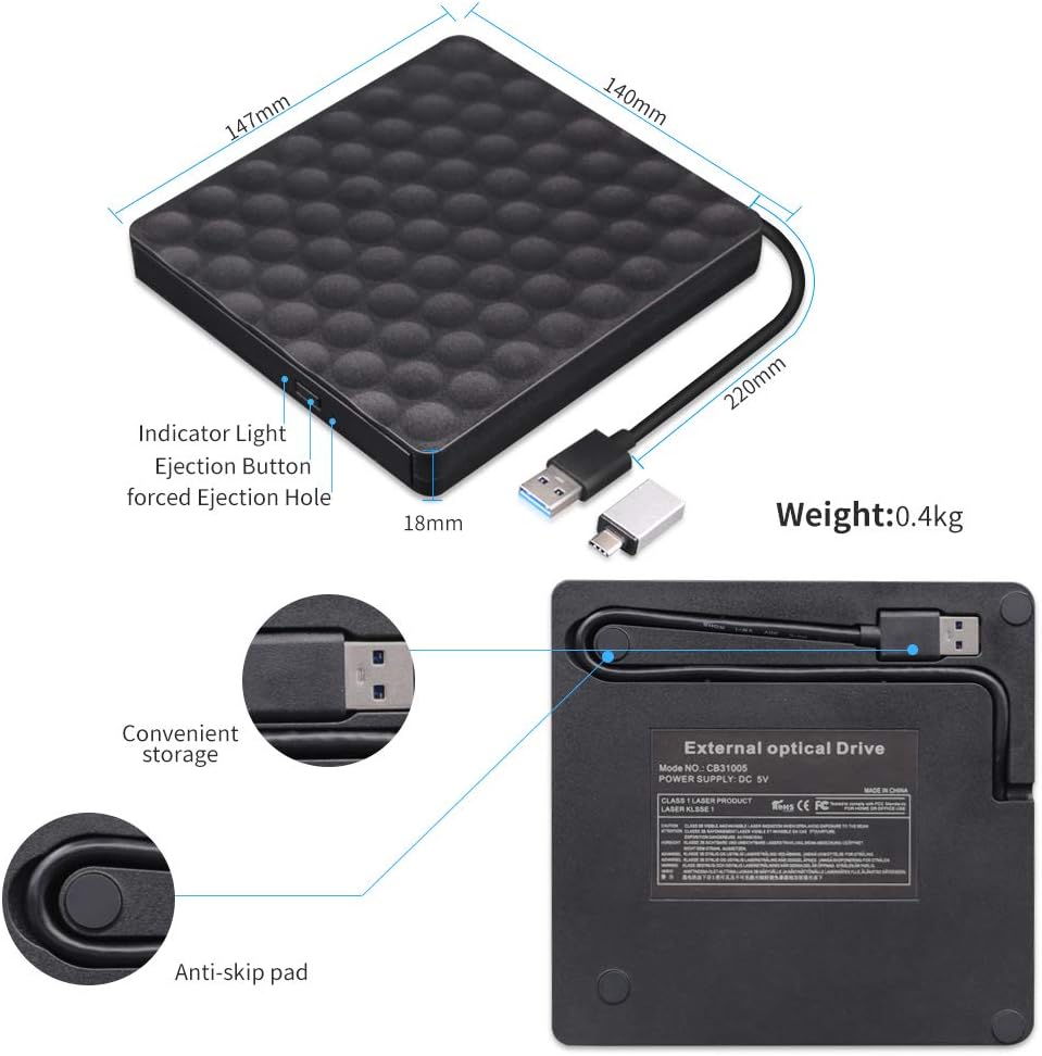 Wihool External CD DVD Drive for Laptop, High-Speed Transfer USB 3.0 Slim Portable CD DVD +/-RW Optical Drive Burner Writer Reader with Type-C Adapter for PC Desktops, Compatible with PC Desktop
