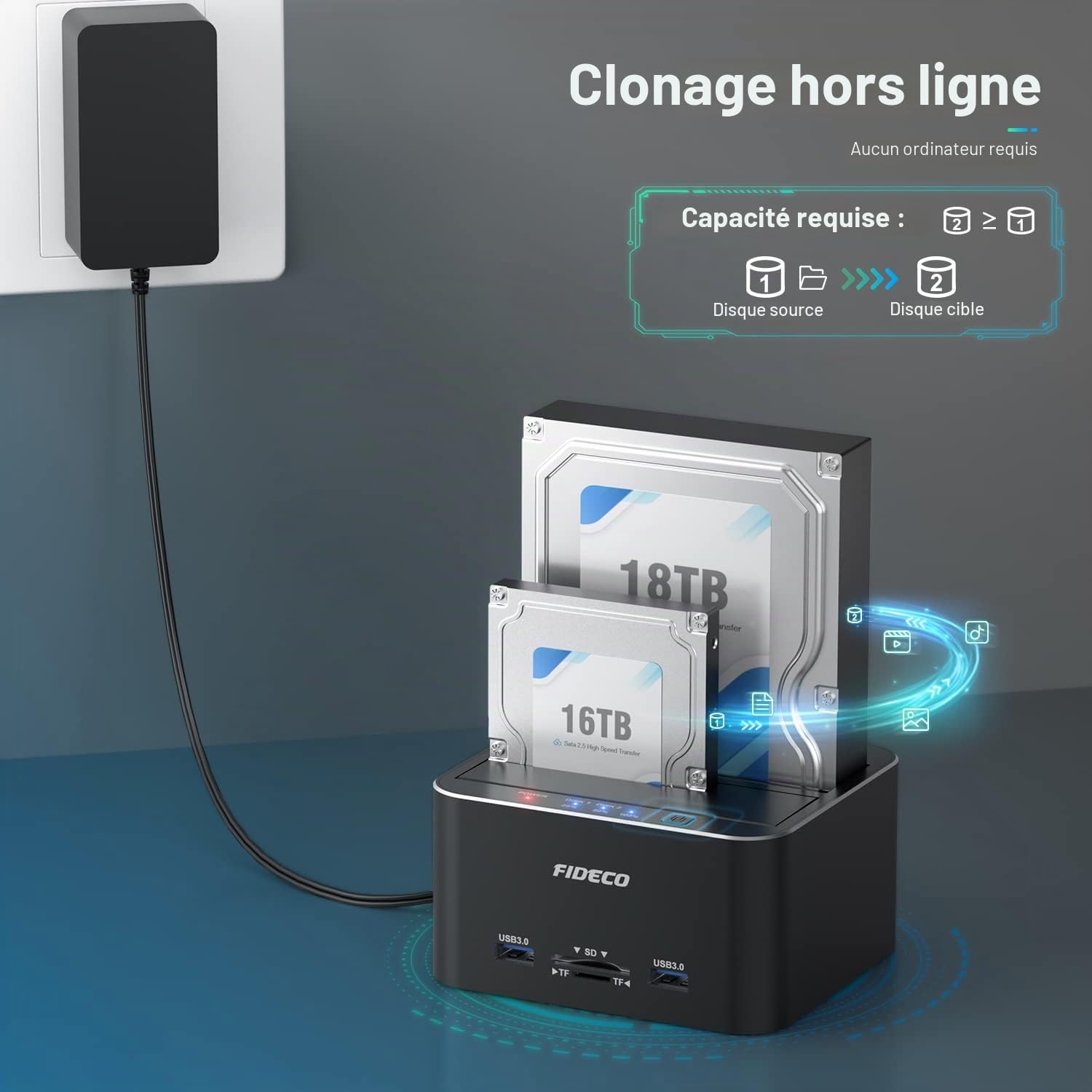 FIDECO Station d'accueil pour Disque Dur, USB 3.0 Aluminium Stations d'accueil pour Disque Dur 2,5"/3,5" SATA HDD SSD, Lecteur de Carte TF et SD, Prise en Charge du Clone Hors Ligne