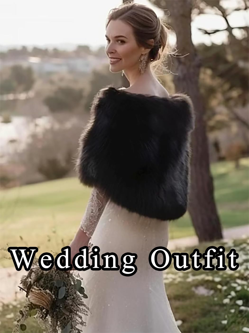 Wedding Faux Fur Wraps Shawls Bridal Winter Cape Fur Party Shrug Stole Free Brooch for Bride and Bridesmaids (Black) - Image 7