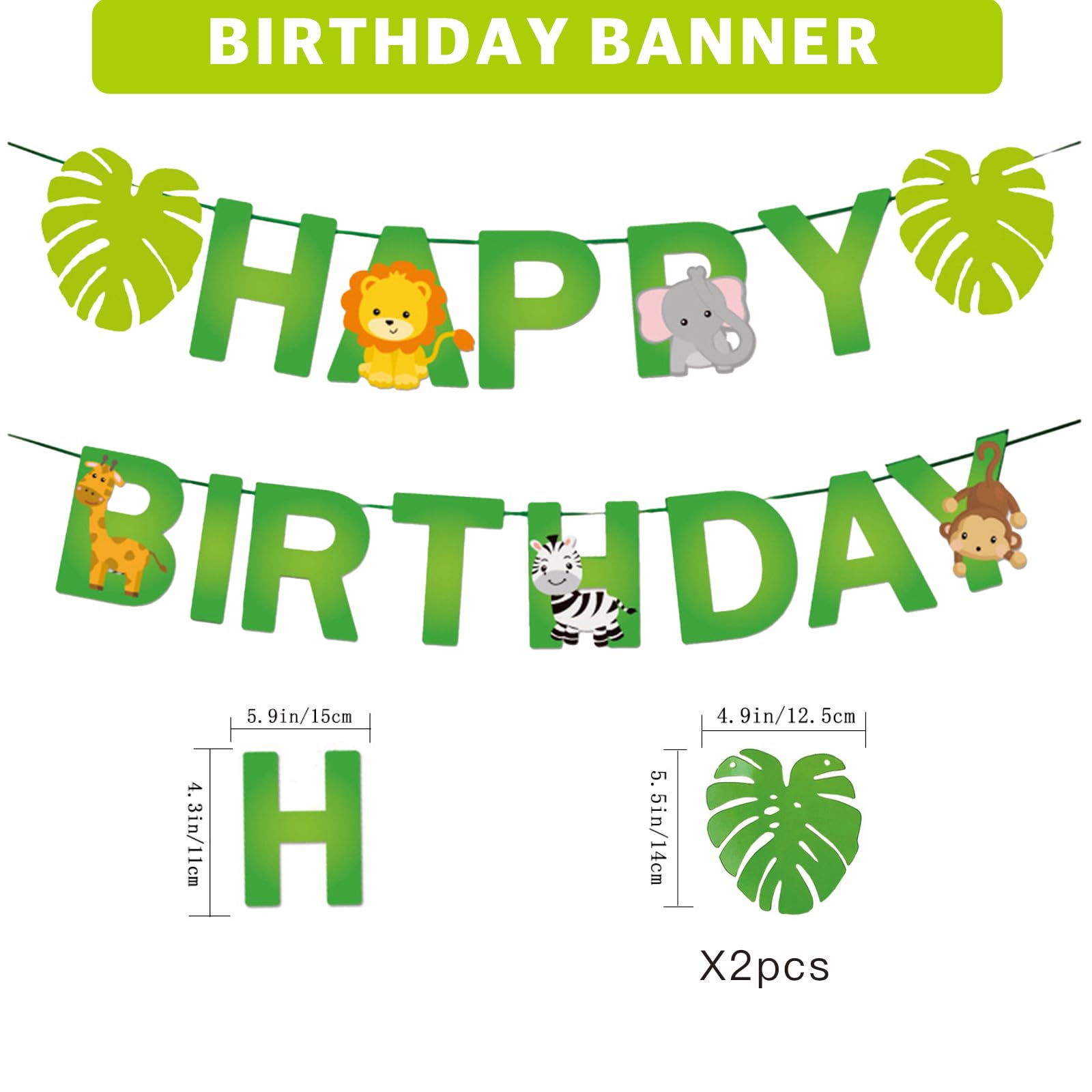 YGFEJSDNSW Jungle Safari Birthday Party Decorations, Green Leaf Animal Party Set, Cake Topper, Birthday Banner, Palm Leaves, for Kids Party & Kindergarten Decoration, Baby Shower