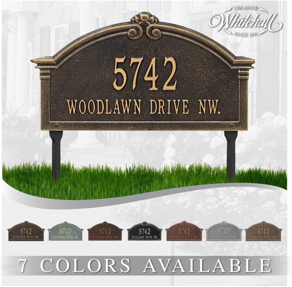 Whitehall™ Personalized Cast Metal Address plaque - LAWN MOUNTED Roselyn Arch Plaque. Made in the USA. BEWARE OF IMPORT IMITATIONS. Display your address and street name. Custom house number sign.