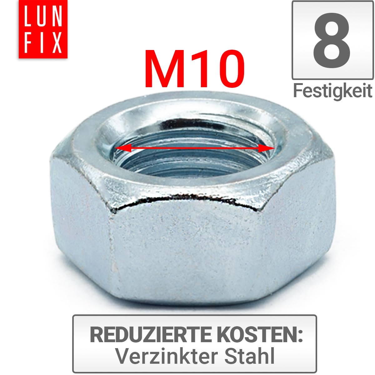 Dado Esagonale M10 DIN 934, Resistenza 8, 1 Kg (ca. 100 pezzi), Acciaio Zincato Galvanizzato, Dado Filettato per Viti, Barre Filettate e Bulloni Metrici, Uso Professionale e Fai da Te, Lun Fix