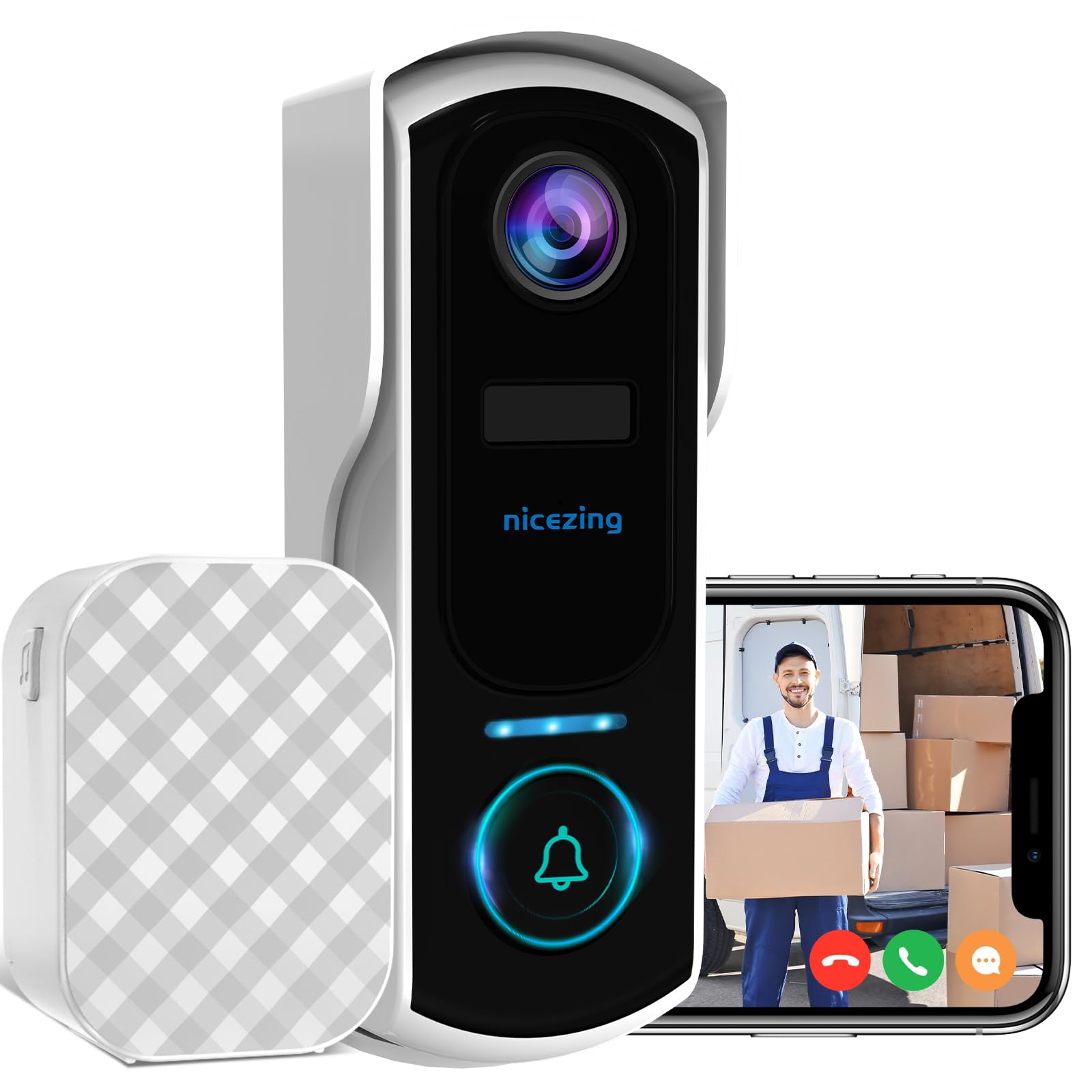 Timbre Inalámbrico con Cámara, nicezing 2K FHD Timbre Inalámbrico Exterior Impermeable