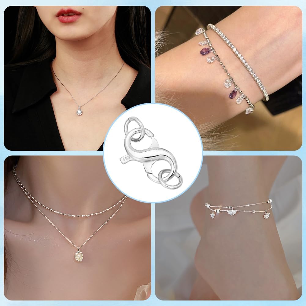 Beebeecraft 1 Box 925 Sterling Silver Lobster Claw Clasps Double Opening Necklace Enhancer Shortener Figure 8 Trigger Spring Clasps Connector Carabiner Snap Clip for Bracelet Anklet Jewelry Making