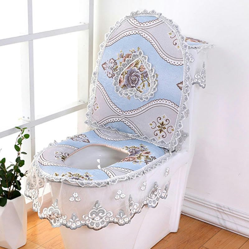 Housses de siège de toilettes en dentelle café broderie florale et cœur pour abattant WC - 5