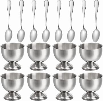 Elsjoy 8 Pack Egg Cup Holders with 8 Spoons, Stainless Steel Egg Cups Set for Soft & Hard Boiled Eggs, Kitchen Tools, Breakfast