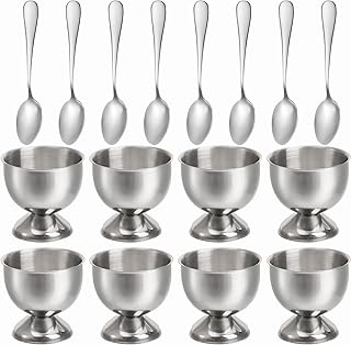 Elsjoy 8 Pack Egg Cup Holders with 8 Spoons, Stainless Steel Egg Cups Set for Soft & Hard Boiled Eggs, Kitchen Tools, Breakfast