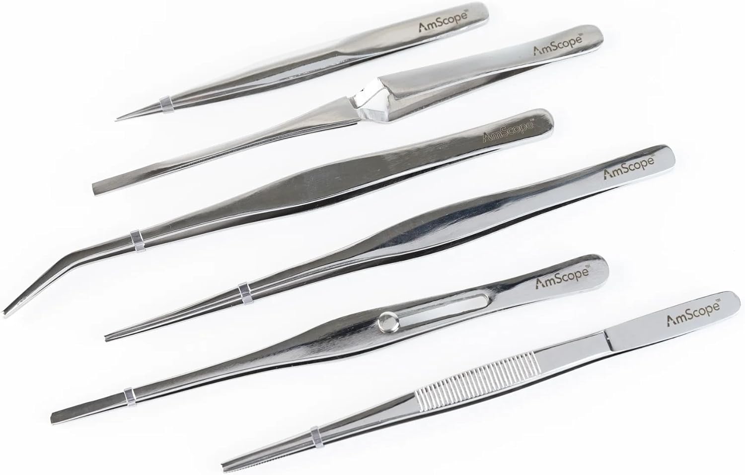 AmScope - Multi-Purpose Tweezers Set, 6 Piece Set in Vinyl Pouch; Curved, Straight, Locking Stainless Steel Tool Kit - Multi-Pack, 5 Sets