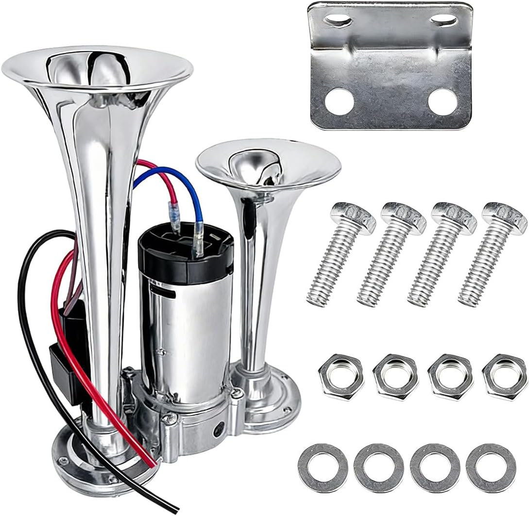 12V 130DB Dual Trumpet Air Horn Kit with Compressor, Loud Dual Tube High/Low Air Horn Kit, Auto Modification Accessories for Cars, Boats, Trucks, SUV (Silver)