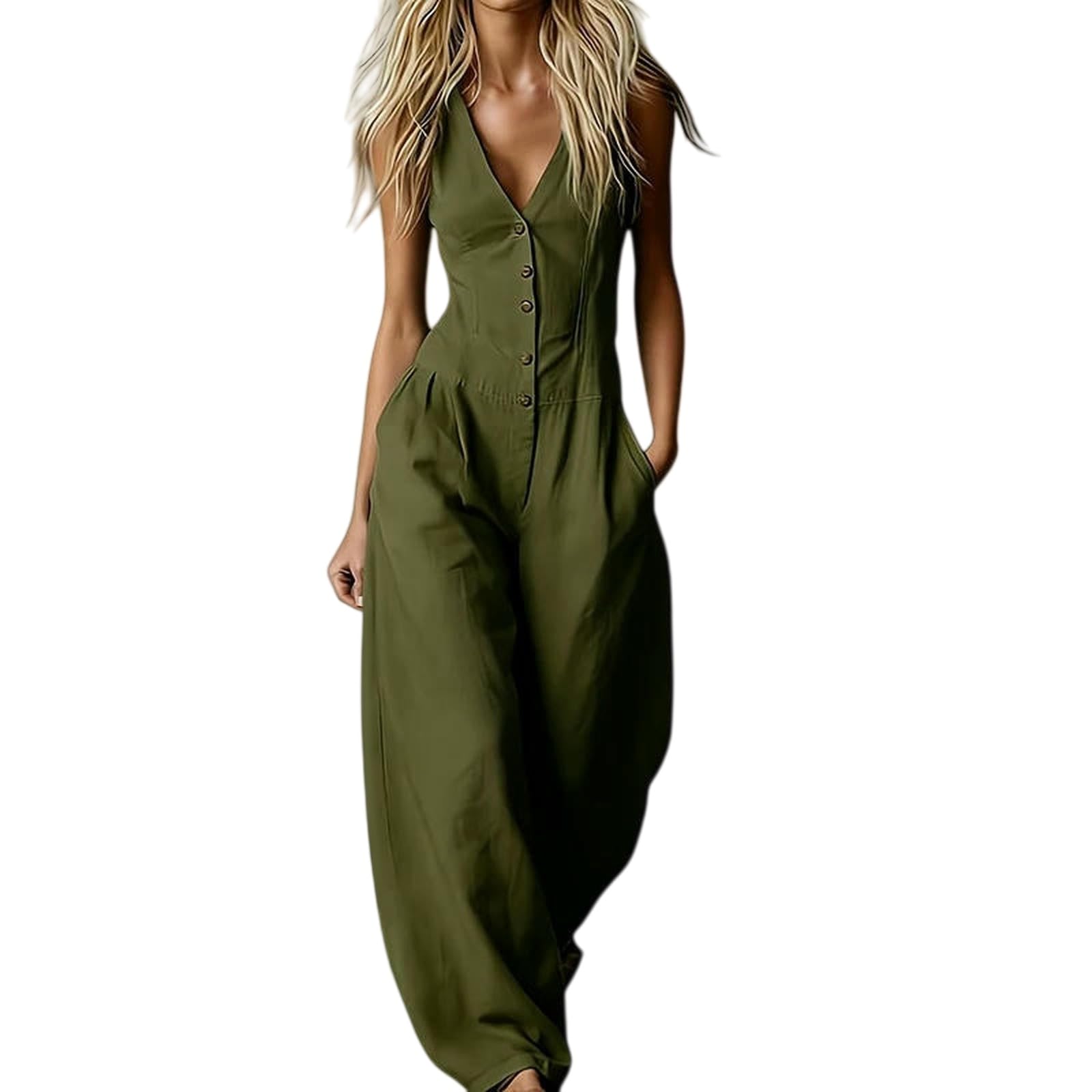Salopette Donna Estiva,Tuta Intera Da Donna Elegante Senza Maniche Con Scollo A V, Bottoni E Tasche, Casual Con Spalline E Pantaloni.