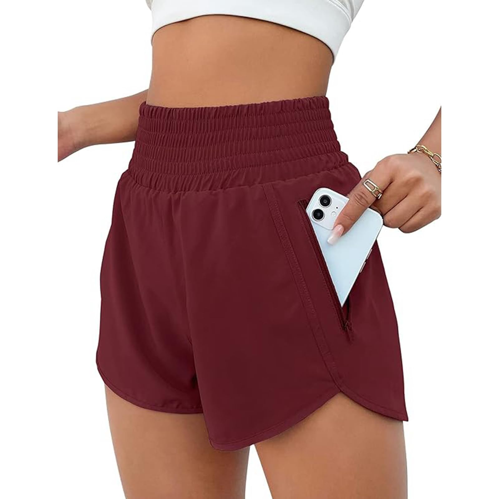 Vuwty Women 2 in 1 Running Shorts High Waisted Quick Dry Athletic Workout Yoga Shorts with Zipper Pockets Gym Short Pants (Wine Red, XXL)