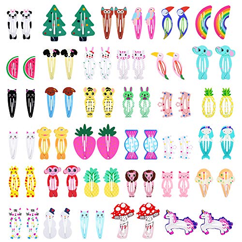 Accmor 70pcs Kids Snap Hair Clips Animal Pattern Print Metal No Slip Mini Snap Barrettes Colorful Cute Goody for Girls Toddlers Teens Hair Accessories 35 Patterns Design, Unicorn, Candy, Rainbow, etc…