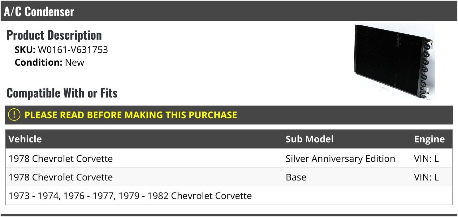 A/C Condenser - Compatible with 1973-1974, 1976-1982 Chevy Corvette VIN L