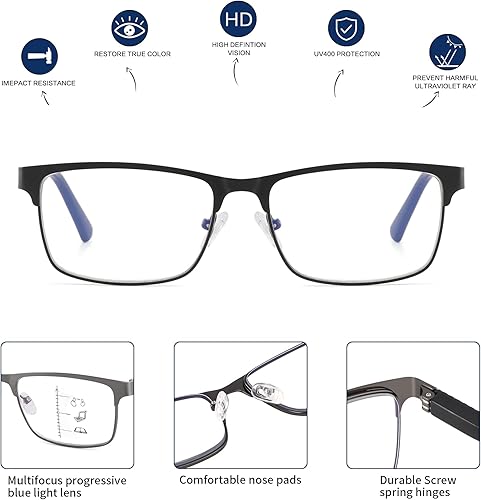 Miniatura 2 de Lentes de lectura progresivas bifocales sin línea, multifocales, con bloqueo de luz azul, para computadora, marco metálico para hombres