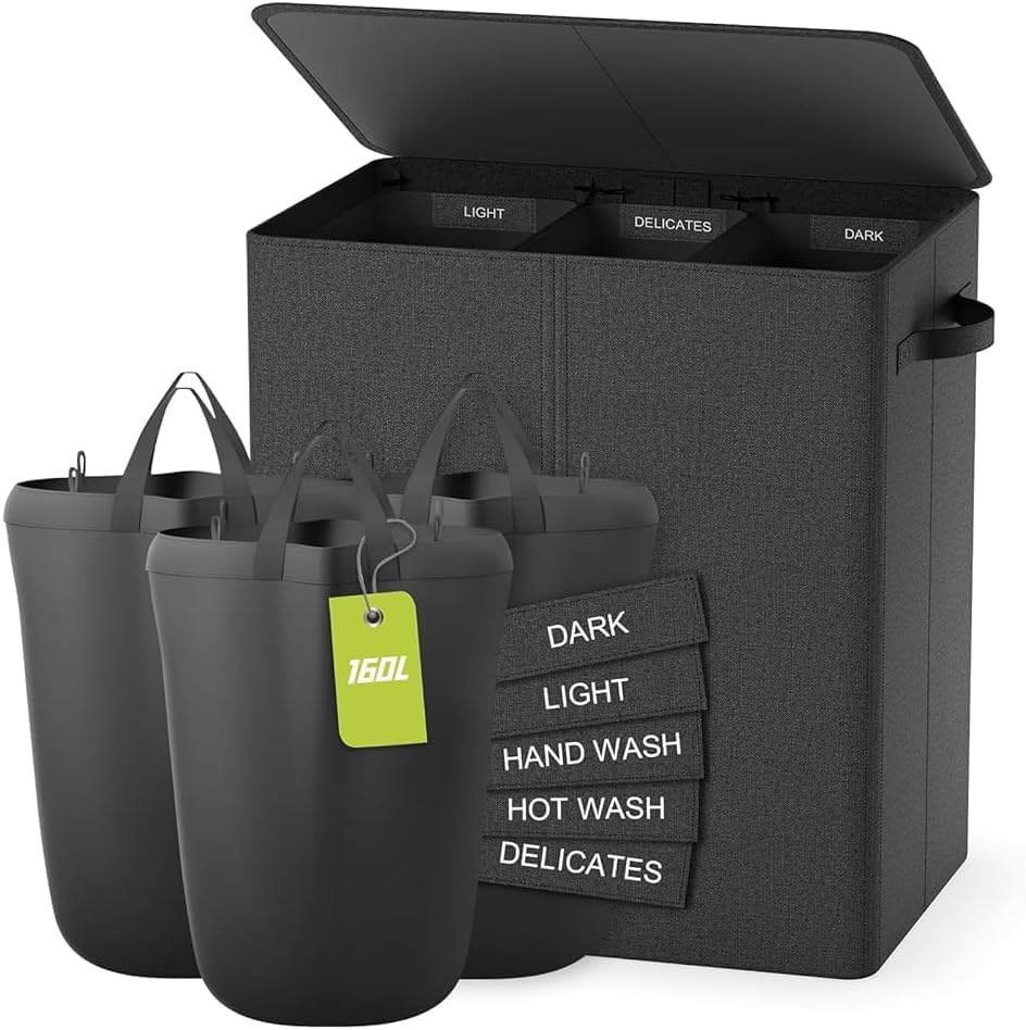 Wäschekorb Mit Deckel, 160L Extra Große Wäschekorb 3 Fächer Schmutzige Kleidung Hampers Für Wäsche Wäschesammler 3 Fächer Geteilt Für...