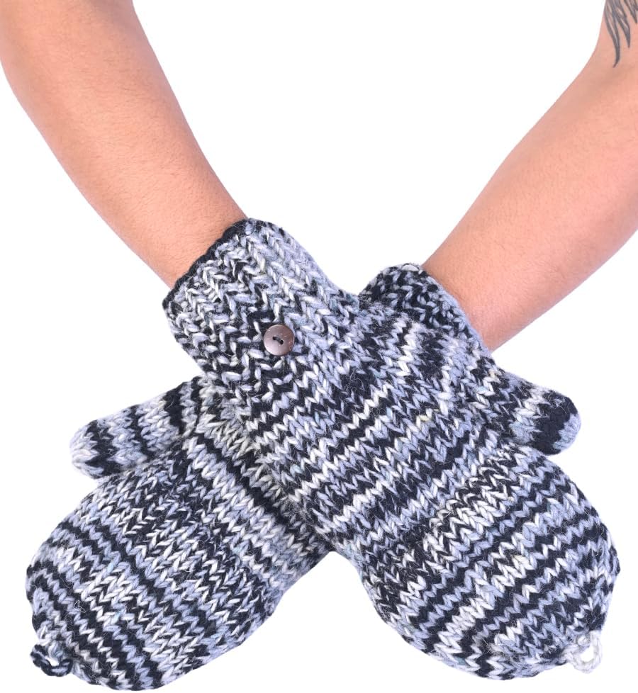 THE COLLECTION ROYAL Fingerless Fleece Lined Hand Knitted Cozy Woolen Fingerless Convertible Mitten Gloves Glittens Unisex