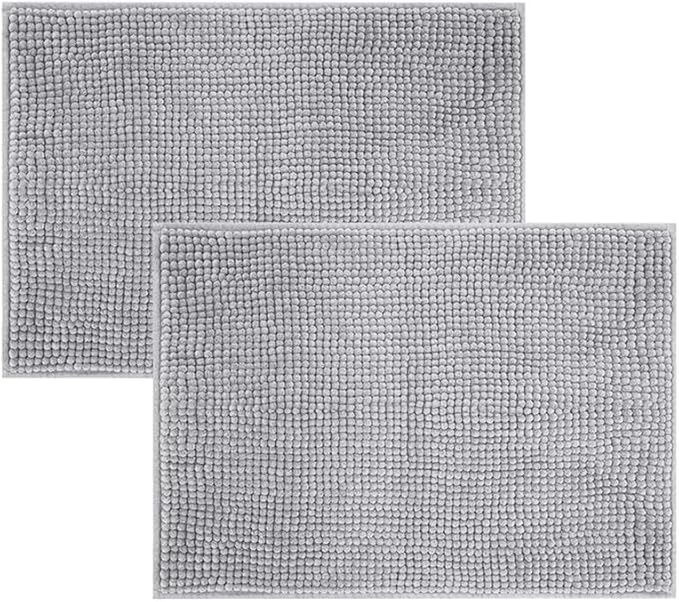 Imperial Rooms Bath Mat Non Slip Anti Mould (2 pack) – Light Grey Bath Mats 50x80cm, Chenille Bathroom Mat Super Absorbent Extra Soft Fluffy Shower Mat — image 1