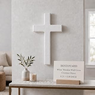 BESTOYARD 8.25 * 4.48 inch White Wooden Wall Cross, Wood Christian Decor