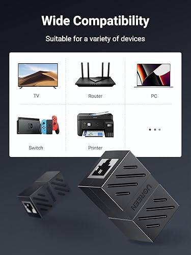 Miniatura 7 de UGREEN Conector extensor Ethernet RJ45, paquete de 10 acopladores en línea Cat7 Cat6 Cat5e, adaptador de cable Ethernet hembra a hembra, negro