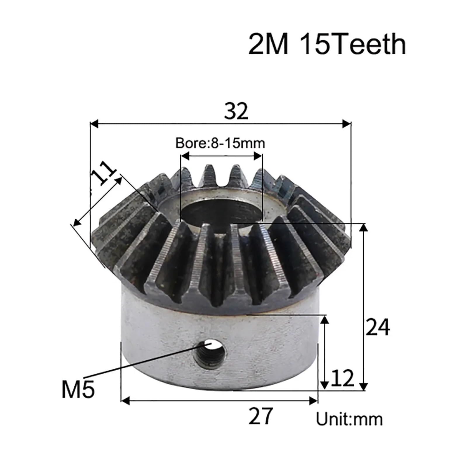 Bevel Gear Pinion Hardware Mechanical 2 Module 15 Tooth Bevel Gear with Keyway 1:1 45# Steel 90 Degrees Mechanical Power Transmission Gear(12mm Keyway 4mm)