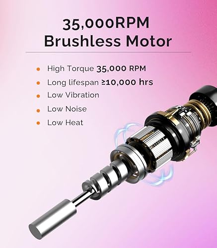 Miniatura 2 de MelodySusie Taladro de uñas profesional inalámbrico 35000 RPM, máquina de taladro de uñas recargable portátil sin escobillas, bajo ruido, baja