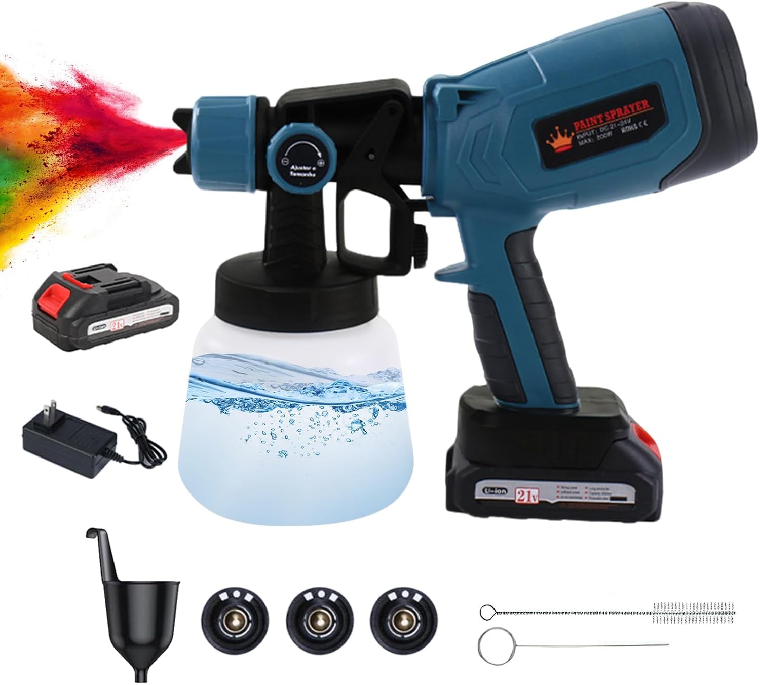 Pistola de Pintura Eléctrica 21V, 800 ml/min Pistola para Pintar HVLP con 5 Boquillas & 3 Patrones de Pulverización, Depósito 1200 ml, 2X Baterías 2000mAh – Ideal para Muebles, Vallas, Puertas