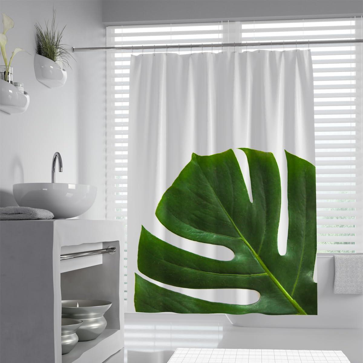 UIRINGART Single Monstera Leaf Shower Curtain W200xL200cm Minimalist Tropical Plant Art Waterproof Mildew Resistant Bath Drape Bathtub with Hooks