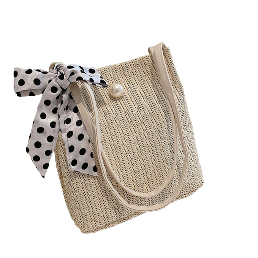 FenicalSummer Beach Straw Weaving Bag Handmade Shoulder Bag Braided Shopping Bag, Beige with pearl., One Size
