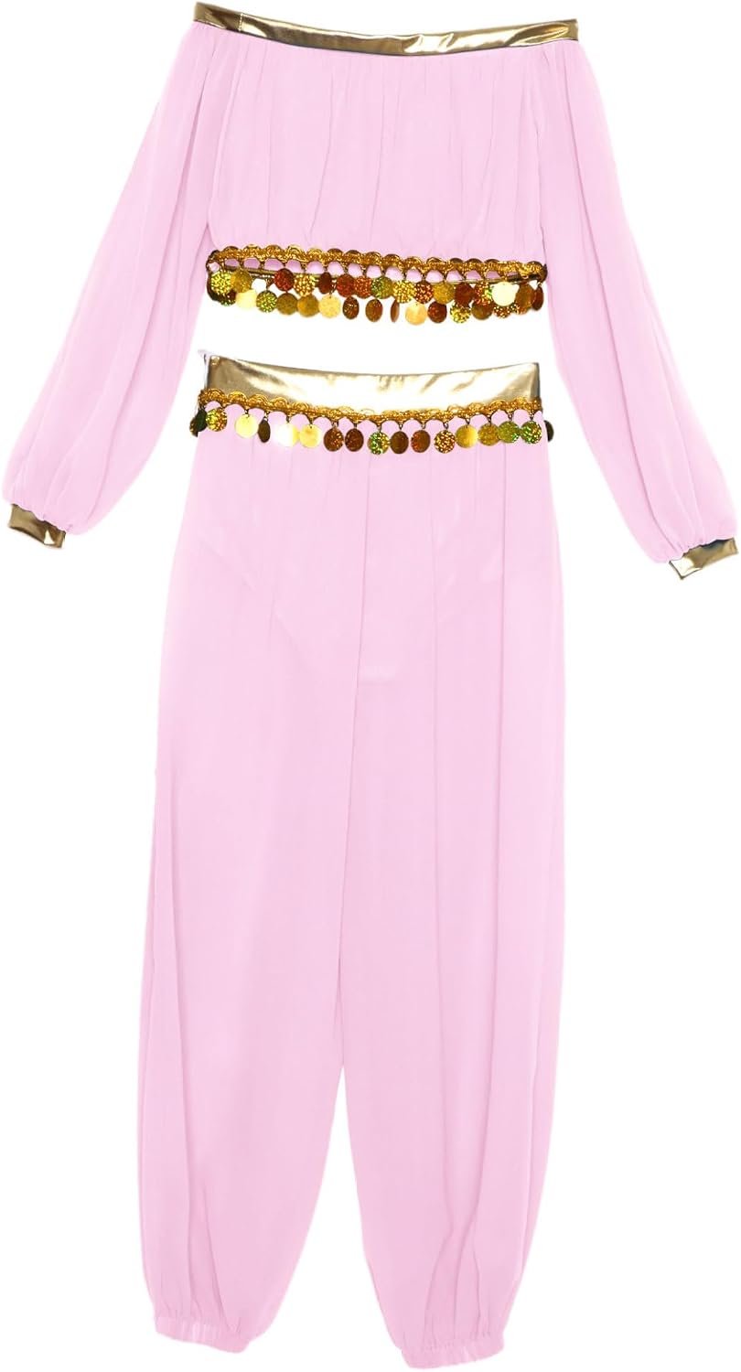Girl's Harem Pants With Crop Top Set – Exotic Belly Dance Costume For Kids Pink 16 Years