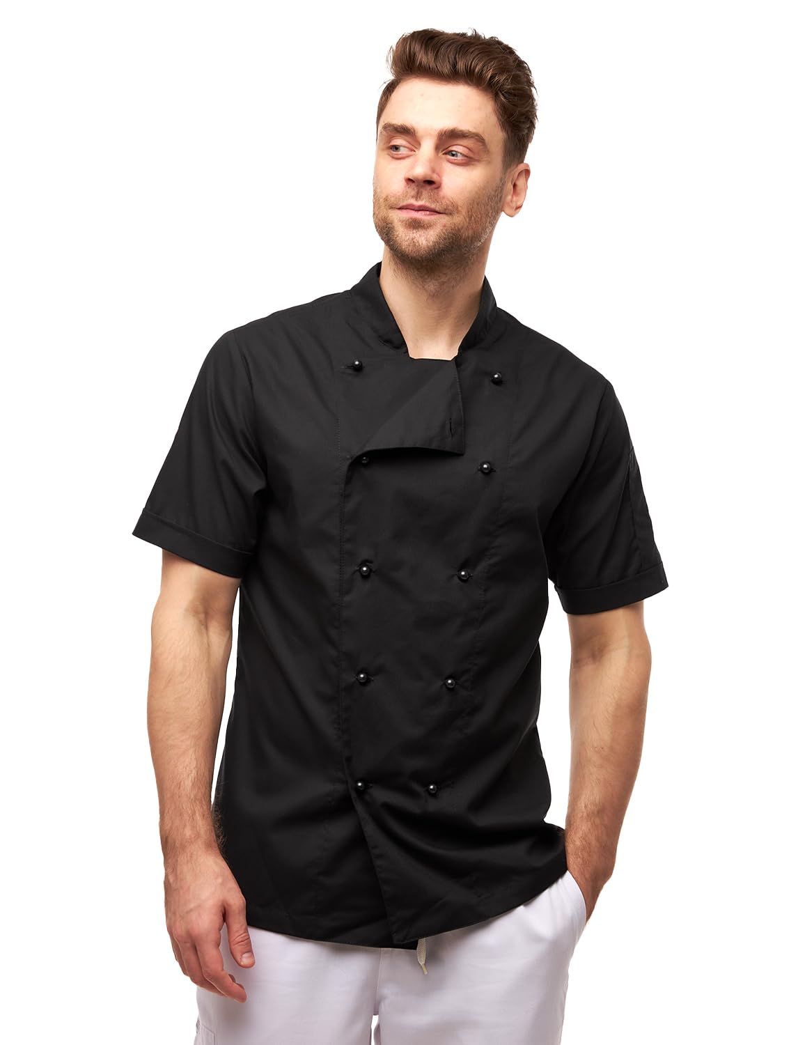 strongAnt Chef's Jacket Men's Short-Sleeved with Ball Buttons Slim Fit Chef's Uniform Baker's Jacket, Black Lightweight 100% Cotton, XXL