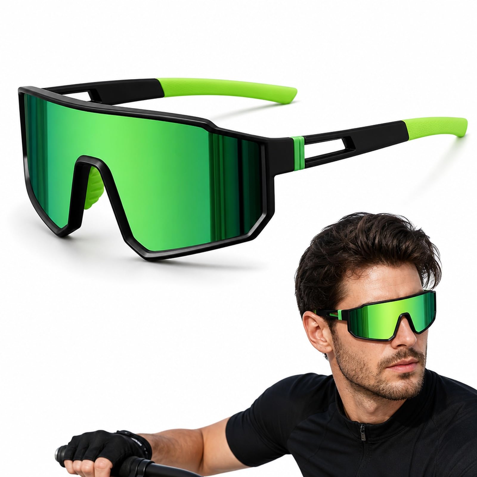 MittiJoy Sports Glasses, Polarized Sunglasses for Men, Running Sunglasses for Outdoor Activities, Cycling Glasses with Green Lens and Black Frame, Suitable for Hiking and Driving-image-44