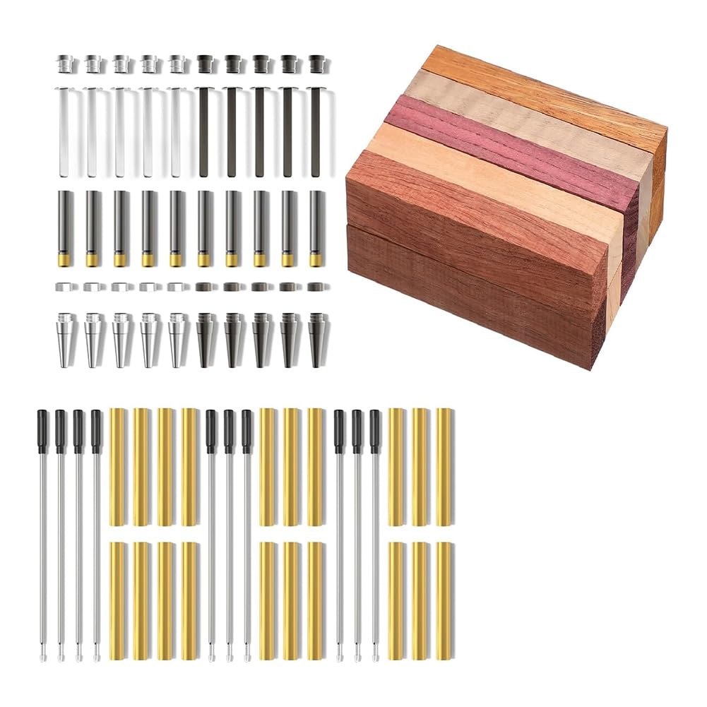 UDSKNV[KSL for Woodturning Pen Kit 10-Pack in Titanium-Silver Featuring 20 Pieces of Hardwood Blanks& Lathe Accessories