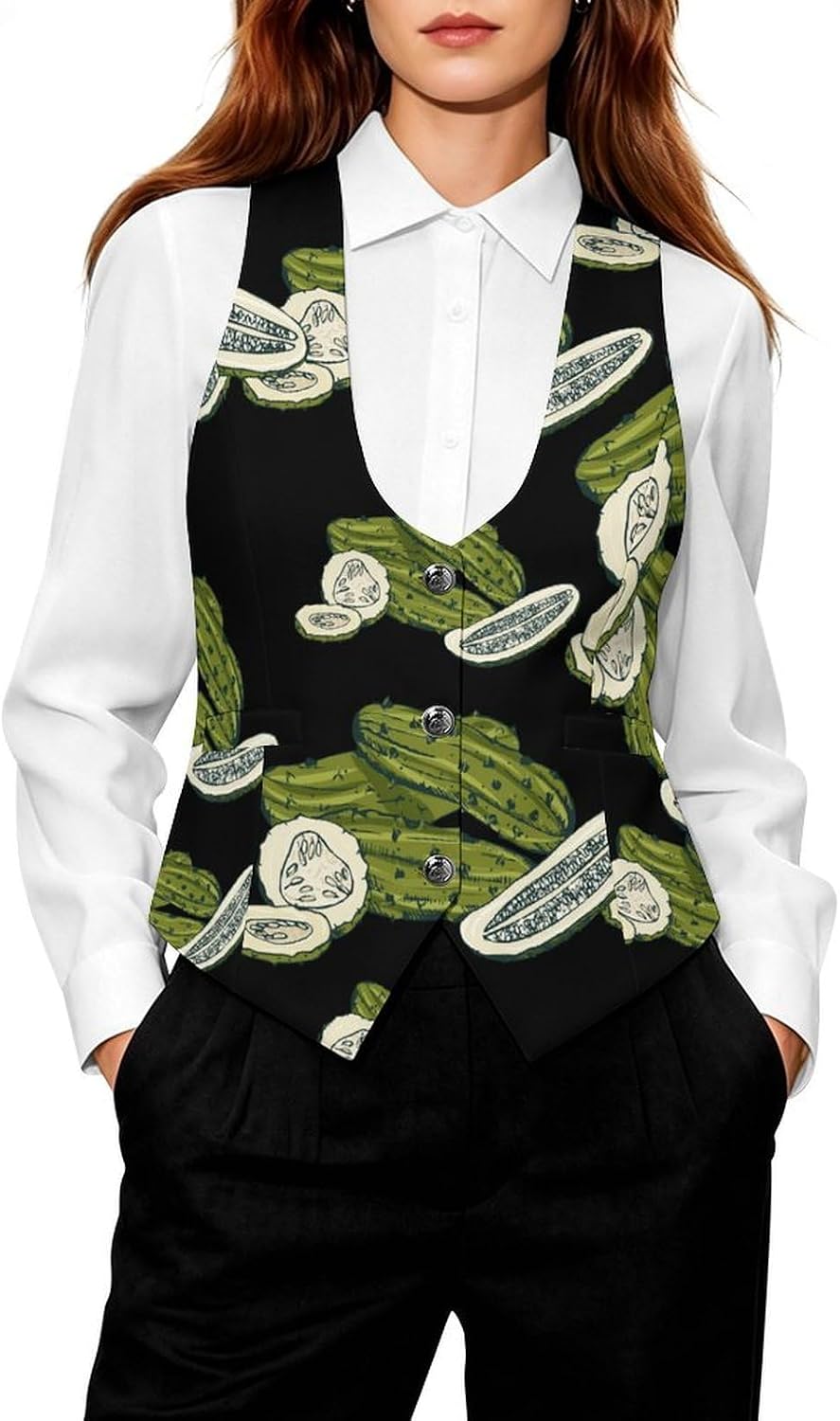 Cucumbers Pickles Women's Suit Vest V Neck Button Down Waistcoat Jacket Business Casual Tops
