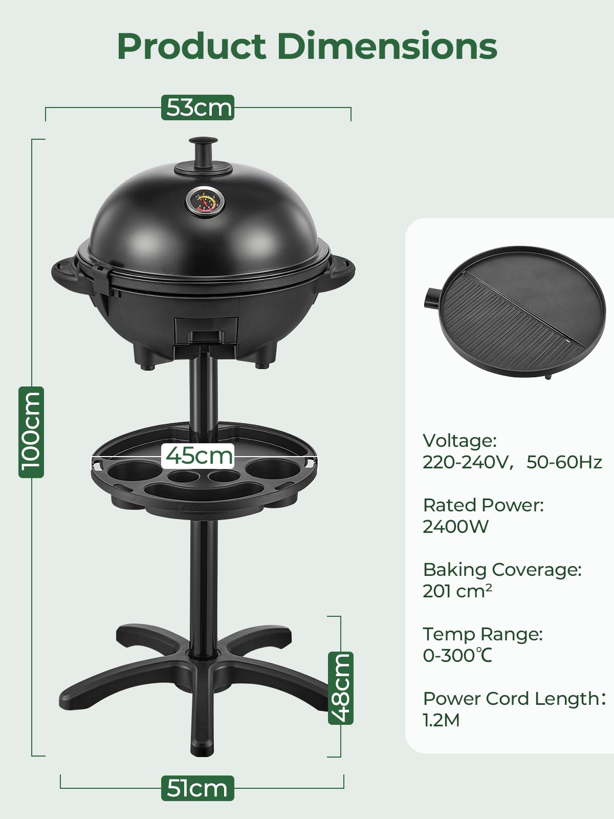 FOHERE 2400W Barbecue Électrique 2 in 1: Grill sur Pied & de Table, Température Réglable 0-300°C, 2 Zones Plaque Antiadhésive Ø41cm, Étagère à Condiments et Bac à Graisse, Noir