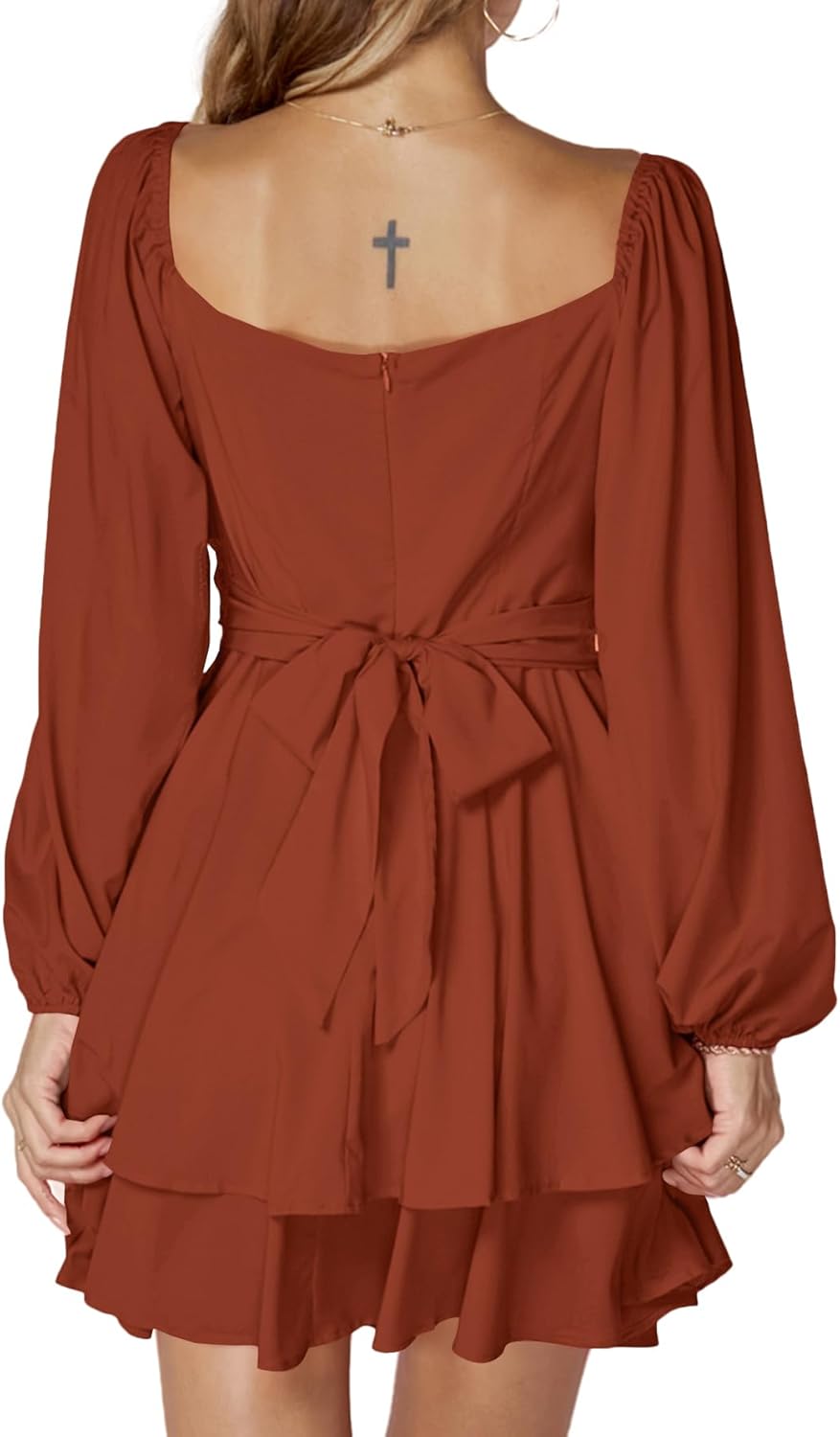 LYANER Women's Lantern Long Sleeve Wrap Tie Back Square Neck Double Layer Ruffle Hem A Line Short Mini Dress - Image 2