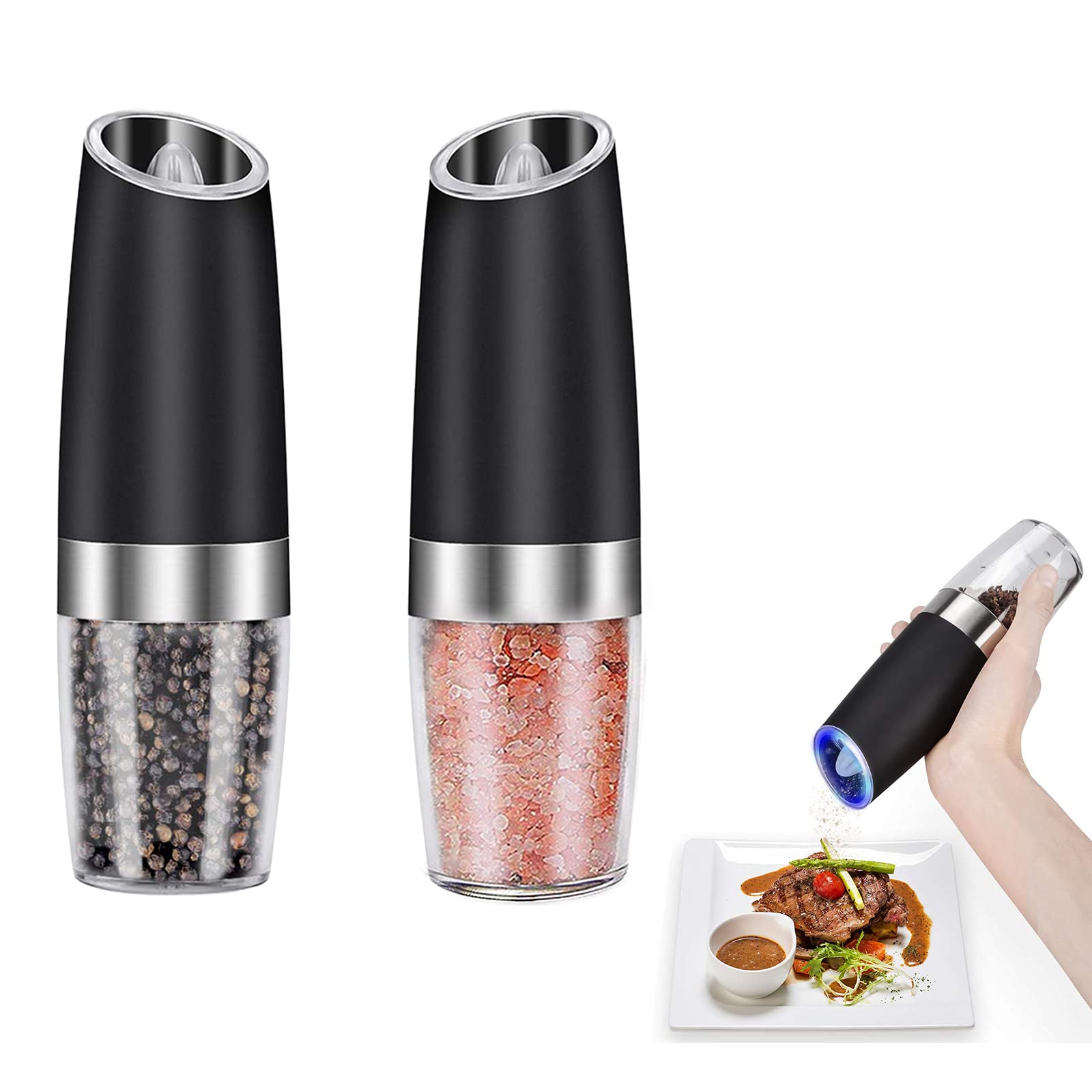 Keyzone2 Pack Automatic Pepper Grinder, Gravity Electric Salt Grinder, Kitchen Coarseness Adjustable Spice Mill Shakers with LED Light