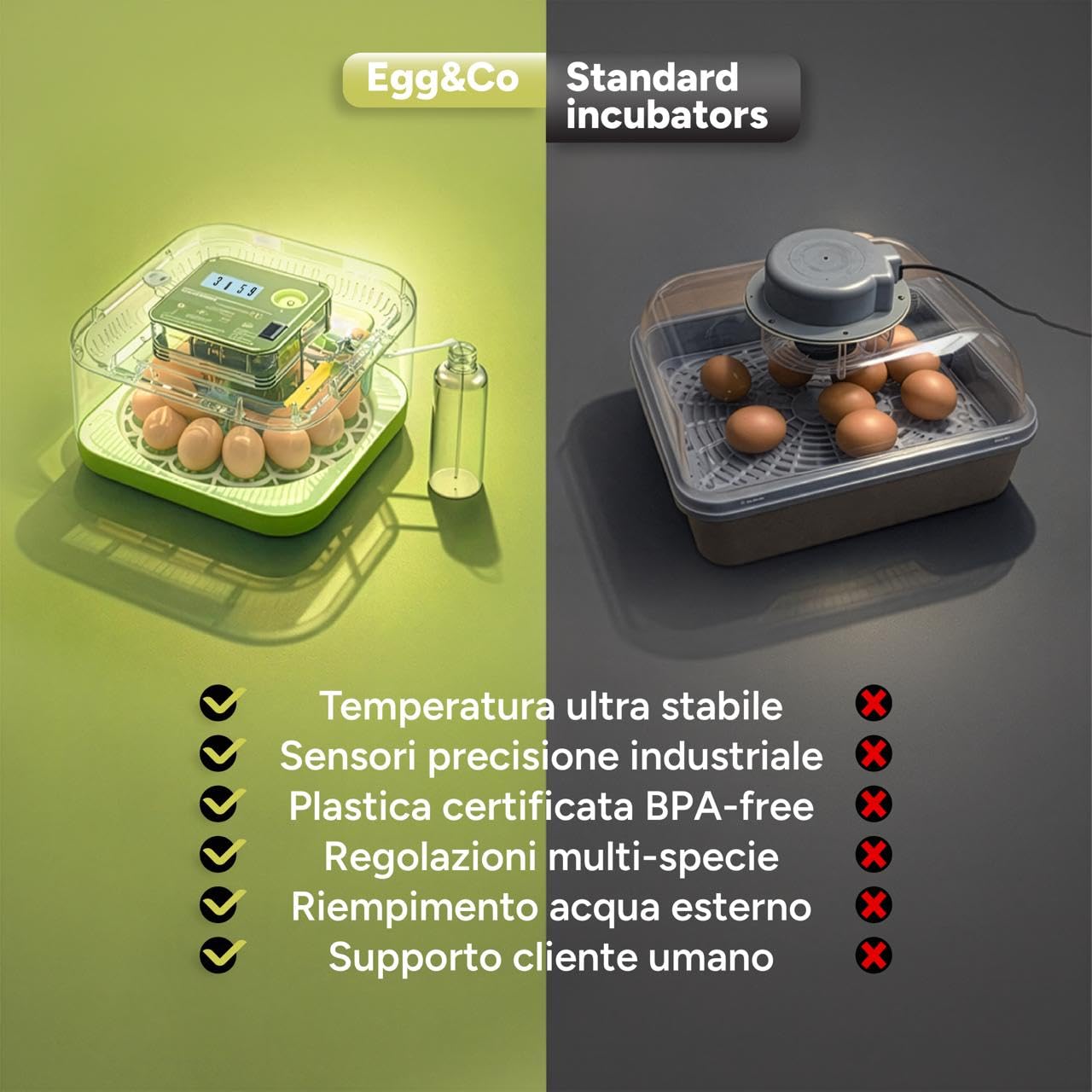 Egg&Co Start 12 – Incubatrice automatica 12 uova gallina (36 quaglia). Controllo umidità preciso, rotazione automatica, flacone e sperauova inclusi. Ideale per principianti ed esperti.