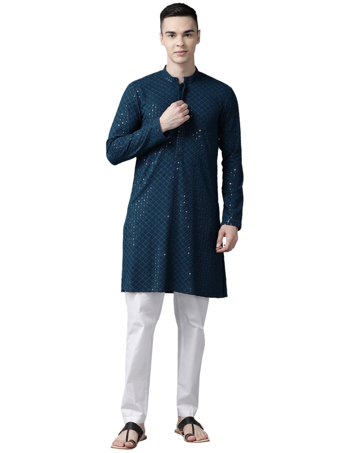 See Designs Men Mandarin Collar Teal Blue Floral Embroidered Sequined Rayon Full Sleeve Kurta With Pyjama - Sd2Ekt_129601S