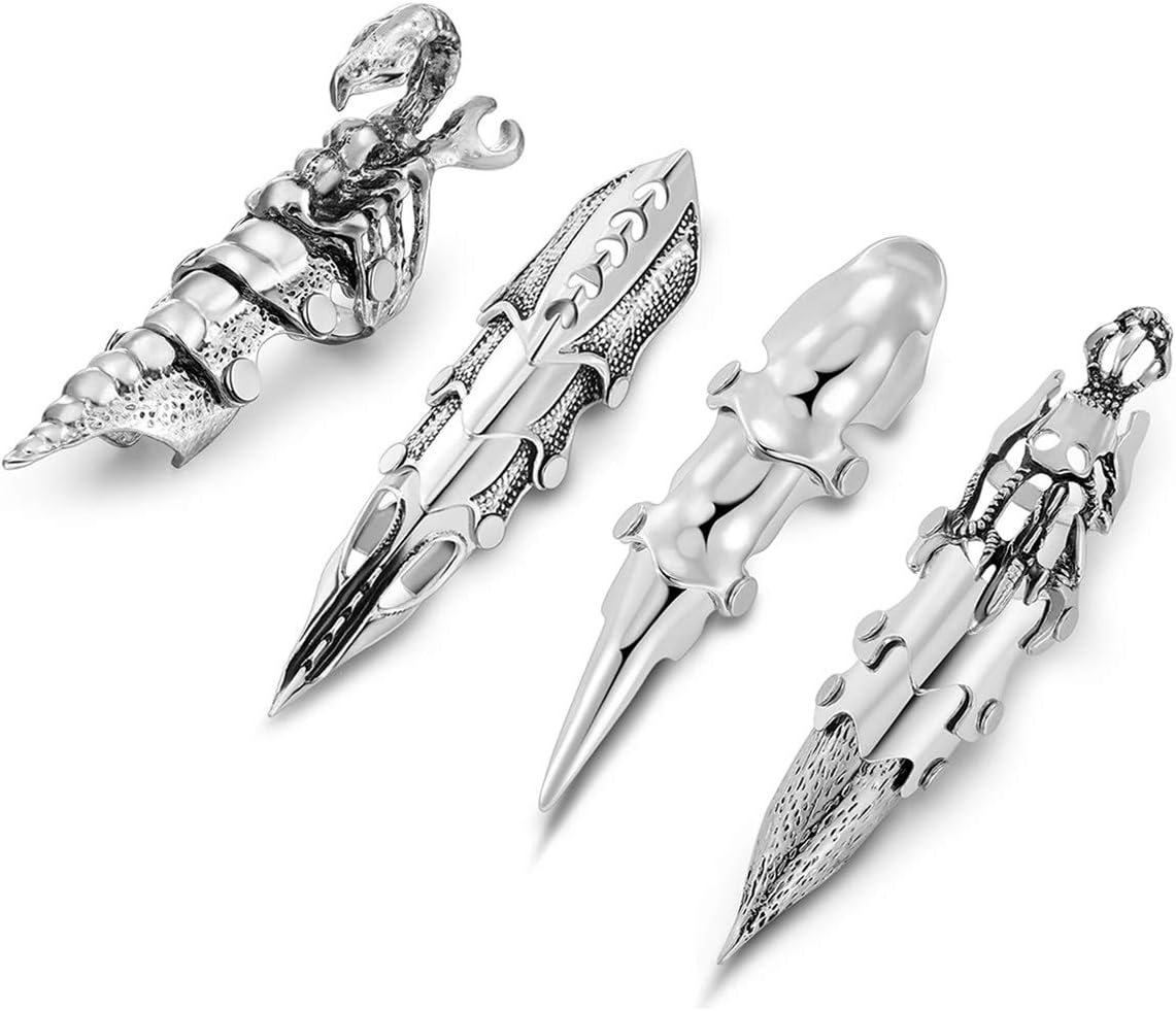 Jovivi Gothic Punk Men's Full Finger Double Loop Ring Joint Armor Ring Silver Women Rings Jewellery,4pcs