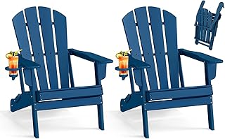 BRIOPAWS Folding-Adirondack-Chairs Set of 2 | HDPE Plastic | Fire Pit Chair | Cup Holder | Curved Back | All Weather| for Outdoor Backyard Deck Patio | Blue