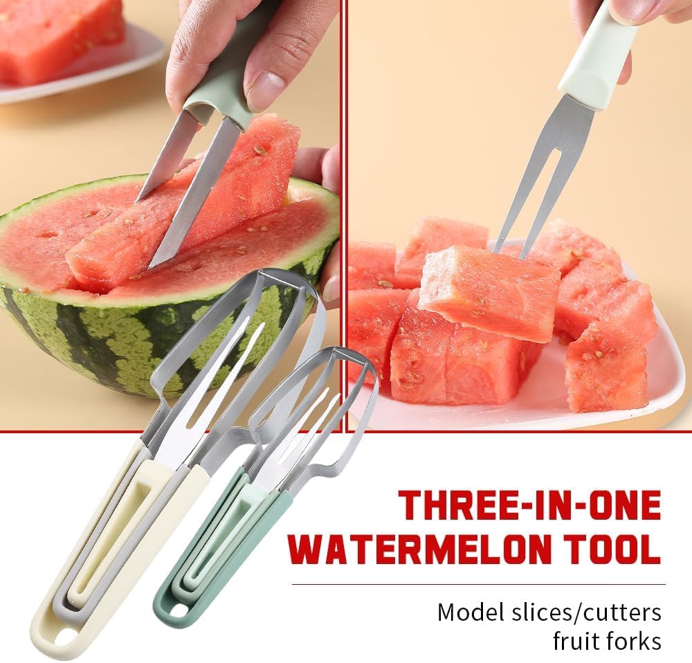 3 in 1 Watermelon Cutter Slicer Tool, 2025 Upgraded Multi Fruit Slicers Fruit Cutting Tool, Stainless Steel Watermelon Fork Cutter Slicer Tools Home Kitchen Gadgets (Green)