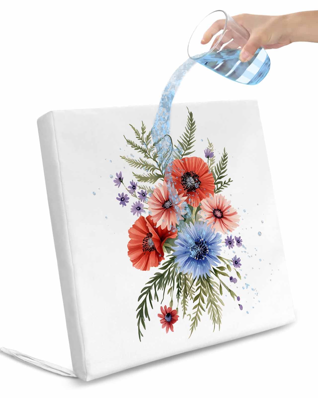 2 Pack Flower Waterproof Cushion Covers with Ties, Outdoor Patio Chaise Lounge Chair Seat Cushion Slip Covers Replacement(Only Cover) Patriotic Red Blue Pink Poppy Flowers Watercolor 22