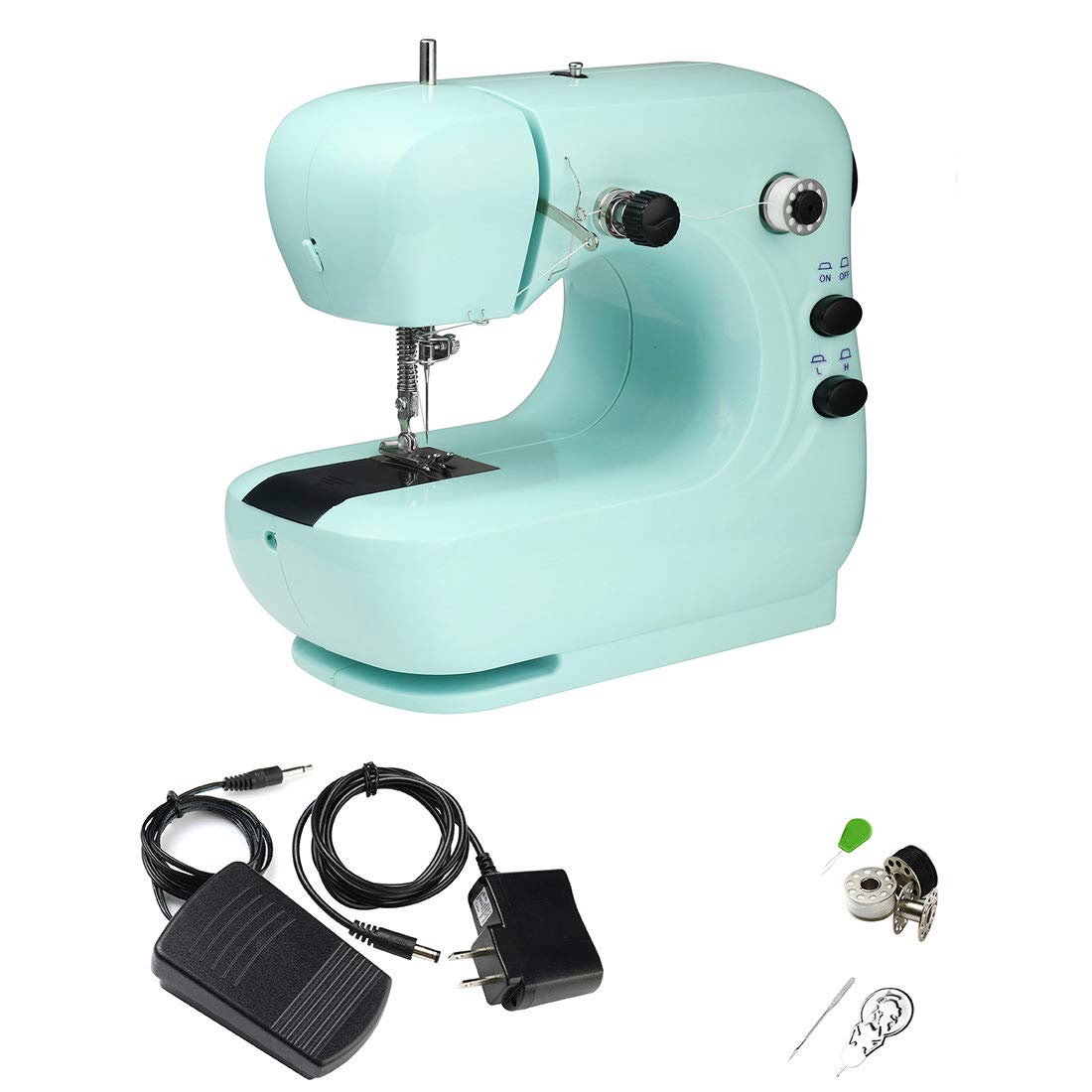 家庭用ミシン 電動ミシン コンパクト 自動スレッド スピード調節可能 ダブルスレッド ライト付き 多機能 電源モード コンセント 初心者にも適用 簡単操作 小型 持ち運び便 日本語説明書付き (グリーン,20*10*19cm)