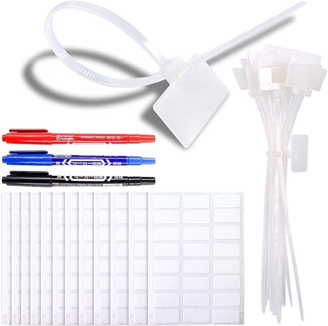 Glarks 200-Pieces 6 Inch Nylon Cable Marker Ties Self-Locking Cord Tags Write on Ethernet Label Wire Straps with 3 Marker Pens and 288Pcs White Self-Adhesive Cable Labels for Home and Office Use