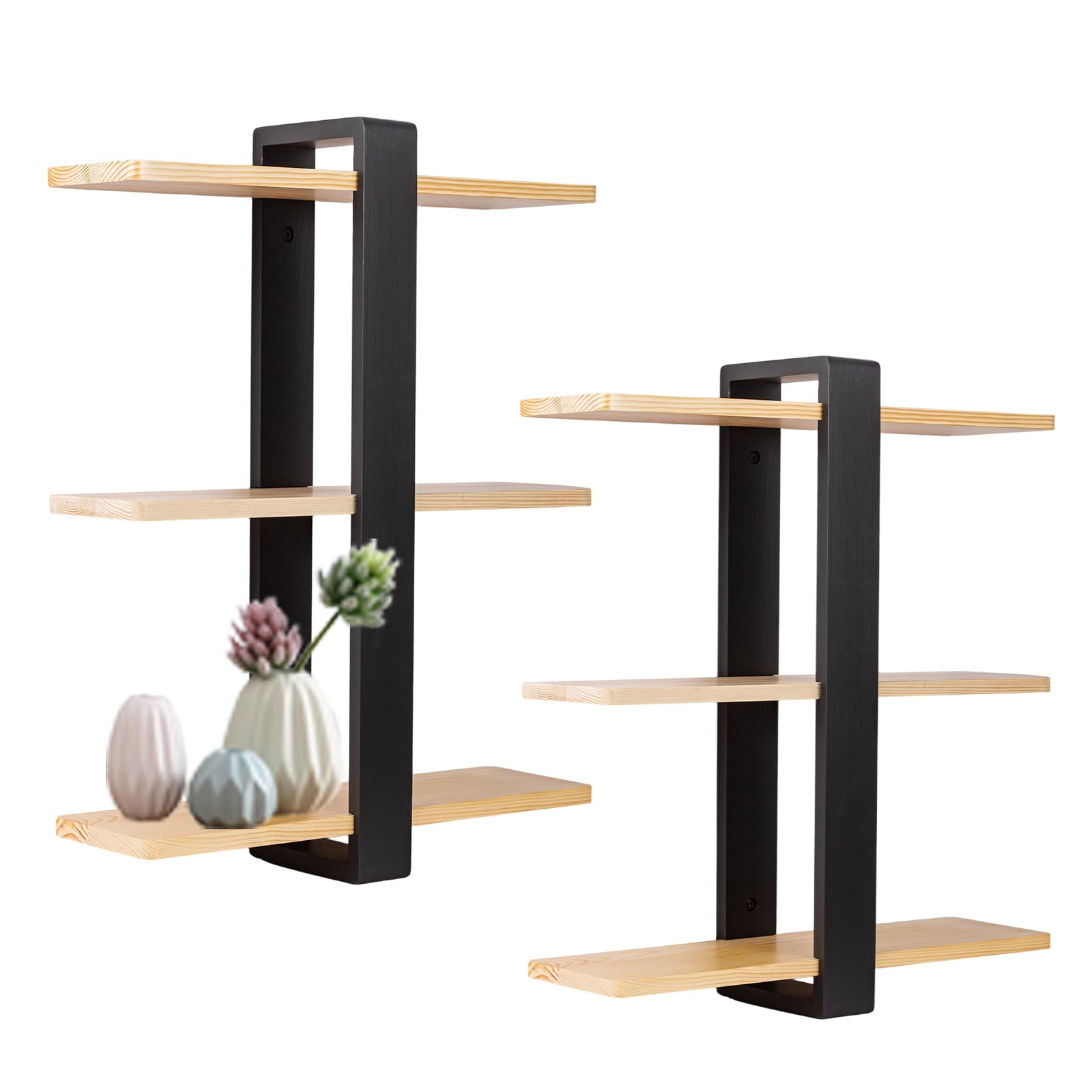 Floating Shelves Black – 3 Tier Wall Mounted Shelf Unit 50cm, Solid Pine Wood Shelves for Bedroom, Living Room, Bathroom Office Rustic Wall Storage for Plants Photos Decor (Black & Wood, Set of 2)