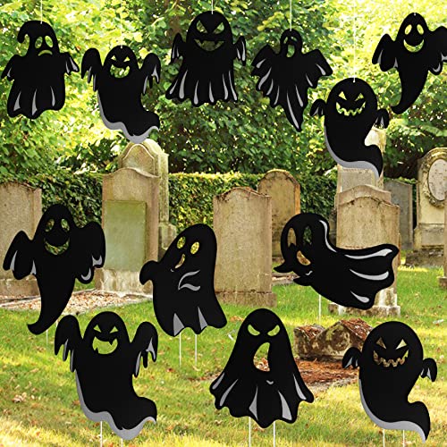 9 x Halloween-Dekorationen, Geisterhof-Schilder mit Pfähle, gruseliger schwarzer Geist, hängende Ornament, Outdoor-Rasendekoration zum Aufhängen oder Präsentieren für Urlaubsparty-Zubehör Cover
