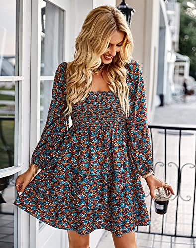 Essenjun Long Sleeve Dress For Women,Square Neck Ruffle Dress,Floral Print Boho Casual Layered Swing Skater Dress (Blue M) #TOP2